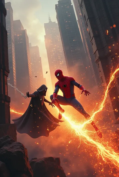 

"Spider-Man unleashes a fiery web blast as he battles a dark sorcerer amidst a mystical storm, with skyscrapers crumbling and magical energies clashing in the background."

