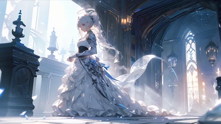 ((masterpiece, best quality)), Epic battlefield atmosphere，Delicate face，knight，Pure White Bride Armor，Halo，whole body，Standing picture，Perfect body proportions，Double ponytail hairstyle，Beautiful silver eyes，Fantasy style，White background，transparent，Lace