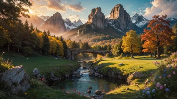 fairytale view with fantasy fairy pathway in a wide steep valley with huge dramatic mountains in the distance,autumn, rocks plants flowers shrubs trees moss stream lawns bridge grass animals,sunrise and strong sunbeams,very hazy,extreme details,photorealis...