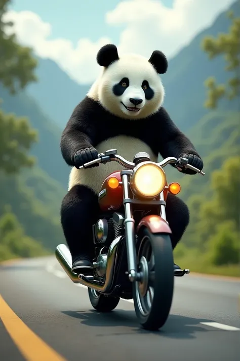 A panda bear riding a motorcycle