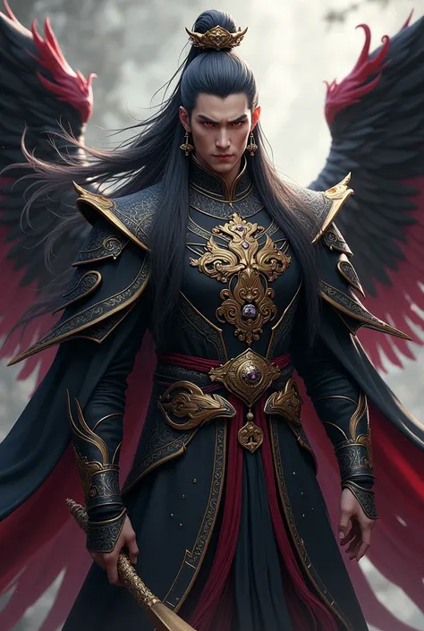 Handsome xianxia protagonist,man,guy,long black obsidian hair, Crimson red eyes and long black hair with white undertone,and the sharp gold halberd scratched on his forehead,use armour featuring like Tao tie chinese with black dominant color,the tassel of ...