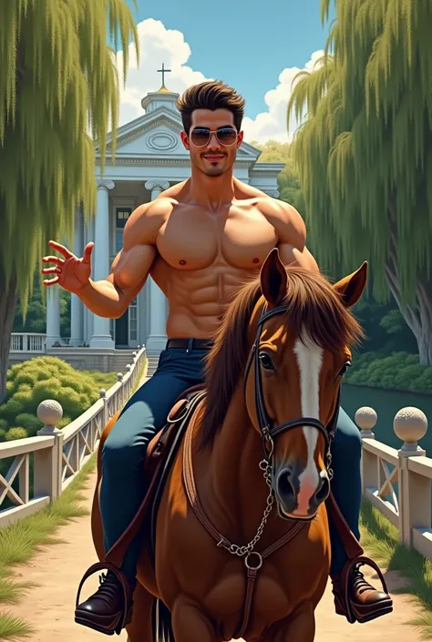 illustration wide shot a young italian man, muscled_toned_perfect_body, man, wearing short, ridding a black horse on the bridge smiling exteding his hand "come with me" hansome, modern hair cut, oval face, large brown eyes, roman nose, wearing glasses, ful...