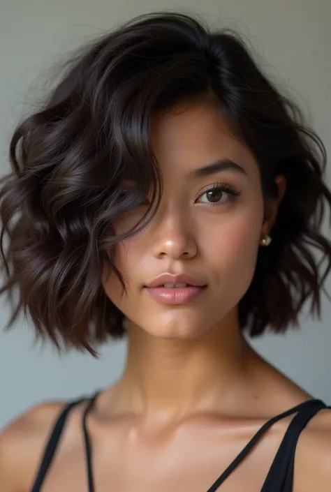 Short to medium wavy hair,very dark brown and very full,with layered cut,without bangs!!!