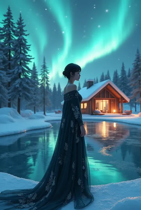 northern lights with a frozen pool, a very luxurious cabin and a girl with short black hair and very beautiful and expensive clothes
