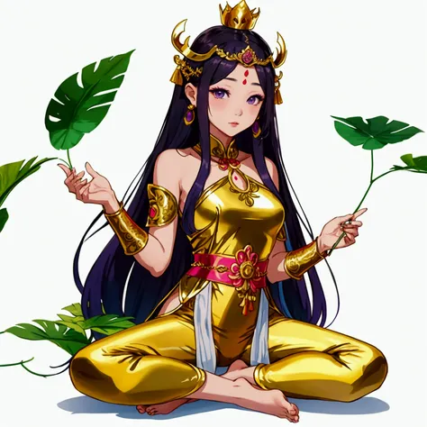 Thai female characters,long hair,Wear Thai clothes,Wear a Thai tube top,,Thai person,Barefoot standing neatly,Thai Shivalai costume with purple chest shield,Put on the leaves,Wearing a golden crown,Thai pants with a polite Thai pattern,Dress politely,Not