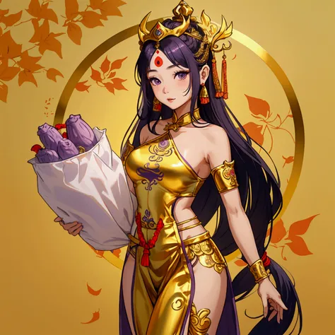 Thai female characters,long hair,Wear Thai clothes,Wear a Thai tube top,,Thai person,Barefoot standing neatly,Thai Shivalai costume with purple chest shield,Put on the leaves,Wearing a golden crown,Thai pants with a polite Thai pattern,Dress politely,Not