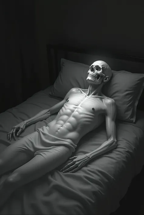 ghost of a man lying in a bed, drawn and black and white