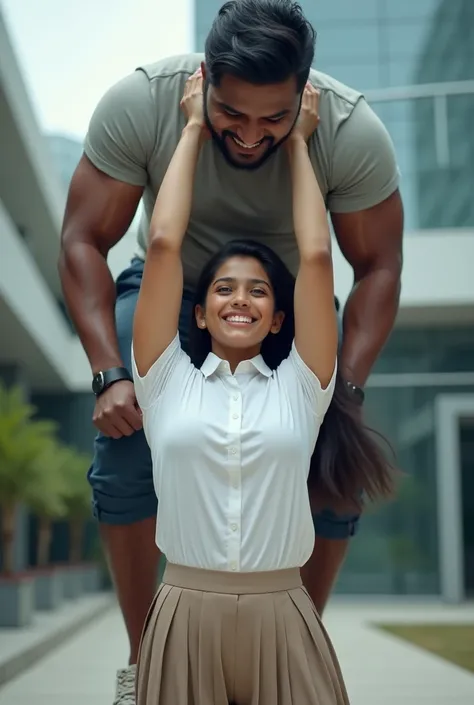 Beautiful Indian teenage college girl in uniform lifting a large chubby man high above her head with her strong arms. Photorealistic. Wide angle. Modern building in the background , natural smile , modern city girl 