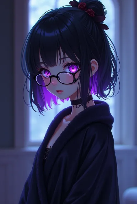 Gothic anime girl with purple eyes and hair, wearing bathrobe glasses 