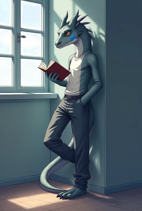 Male Dragon, gray color and white lines, there is a blue oval shape on his cheek, ideal body, high school student,  so OSIS, wear high school student council uniform, wear school pants, he is reading a book while standing with one hand, his eyes glanced, o...