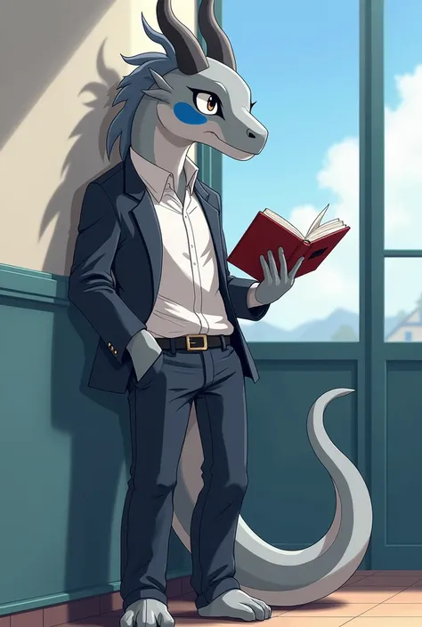 Male Dragon, gray color and white lines, there is a blue oval shape on his cheek, ideal body, high school student,  so OSIS, wear high school student council uniform, wear school pants, he is reading a book while standing with one hand, his eyes glanced, o...