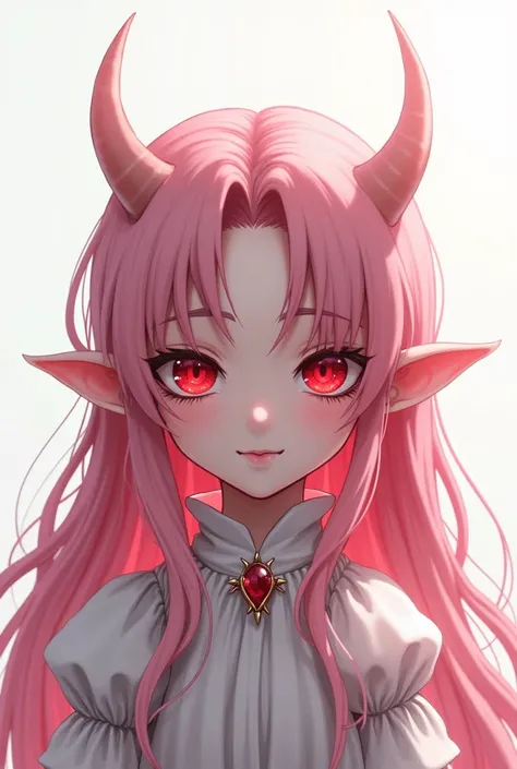 Demonic souls, child , Eyes red, by white, アニメ, portraite, ssmile, fly away, sweet , noble clothes, long pink hair , pointy ears
