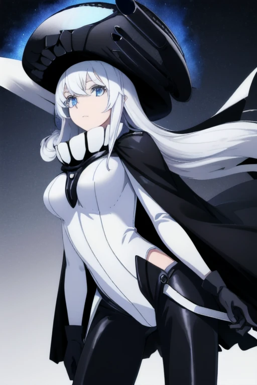 wo-class aircraft carrier, hat, gloves, hair, 1girl, white hair, solo, white skin, black gloves, bodysuit, blue eyes, black cape...