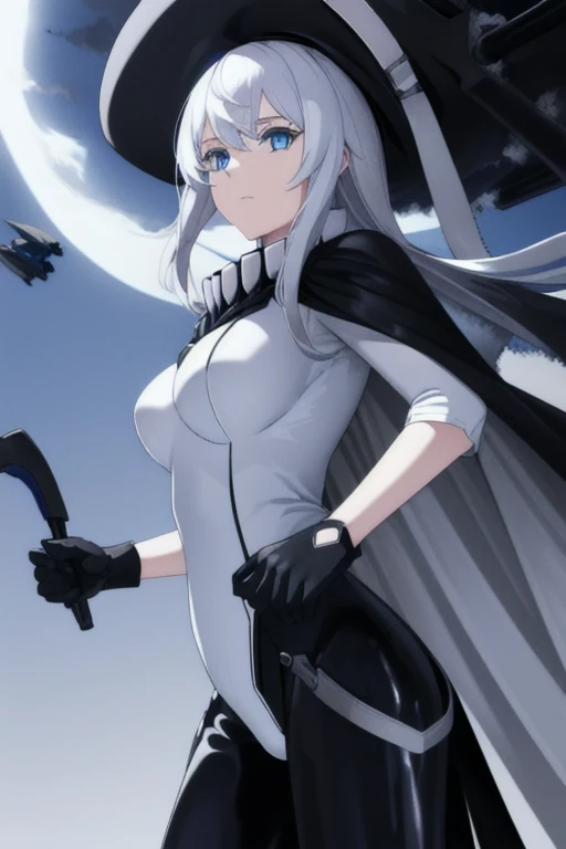 wo-class aircraft carrier, hat, gloves, hair, 1girl, white hair, solo, white skin, black gloves, bodysuit, blue eyes, black cape...