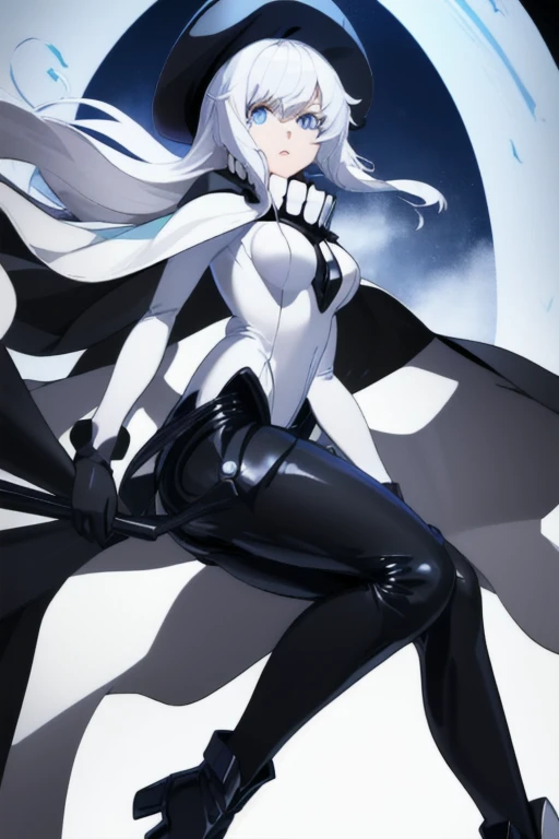 wo-class aircraft carrier, hat, gloves, hair, 1girl, white hair, solo, white skin, black gloves, bodysuit, blue eyes, black cape, leather pants, Masterpiece, Best Quality, night