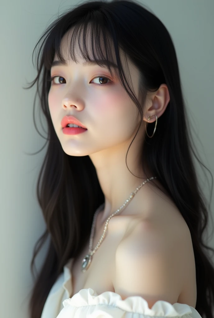 girl with long black straight hair, glowing face, white skin, pink lips, slightly visible teeth, holding face facing right 45 degrees, right ear and neck visible, wearing white gold necklace 