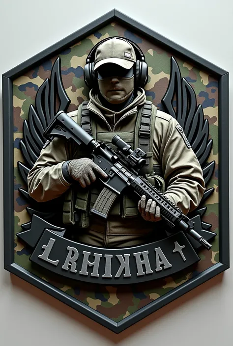 Create Hexagonal Rubberized Patch Cliché, camouflage coat of arms background, military coat of arms with the name Lukinha Airsoft, operator carrying an m4 rifle wearing a cap and headphones