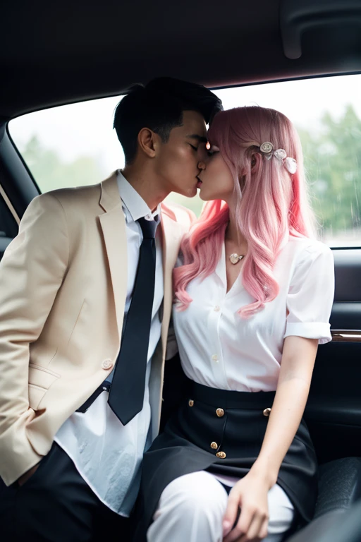 masterpiece, Highest quality, Very detailed, figure, Beautiful attention to detail, close, With boys and girls. She had pink hair, White pleated shirt, The button on the chest is broken, skirt. The boy has black hair, Black suit, Black trousers. Kissing in...