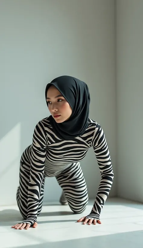 a beautiful asian muslimah woman with zebra striped seamless print hijab wears zebra striped seamless print unitard catsuit.She is crawling.