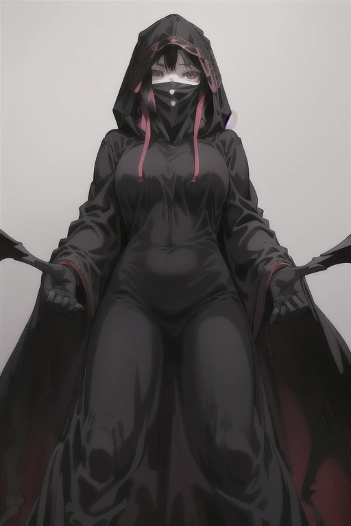 NNAssassinFSF, 1girl, solo, black hair, long cape sleeves, sleeves covered hands, long skirt, robe dress, long cape, cape, black cloak, hood up, black robe, covered mouth, white gloves, mask, hooded cloak, ((masterpiece, best quality)), from below, happy e...