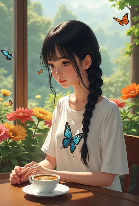 a 17 year old girl with long black hair tied back is sitting in front of the table with a cup of hot coffee, the texture of the coffee looks authentic, the background is a flower garden, several butterflies fluttering above the flowers, wearing a long whit...