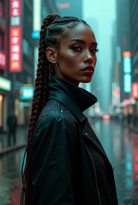 A black woman with cool-toned skin, braided brown hair, Oval face, almond-shaped eyes in a wine tone, fleshy mouth painted blood red, dressed in a black overcoat on a futuristic raining street