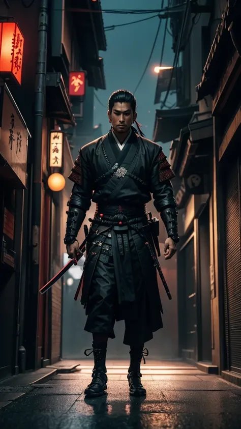 a close up of a man holding a katana in a city, very beautiful cyberpunk samurai, cyberpunk samurai, neon samurai, samurai jedi,...