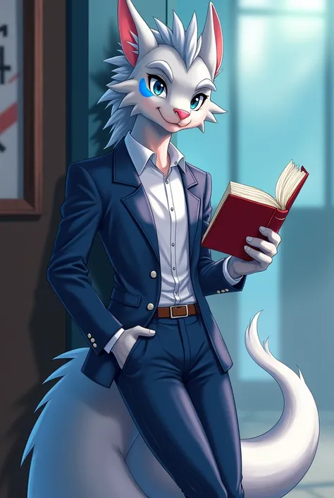 Male furry dragon, gray color and white lines, there is a blue oval shape on his cheek, ideal body, high school student,  so OSIS, wear high school student council uniform, wear school pants, he is reading a book while standing with one hand, his eyes glan...