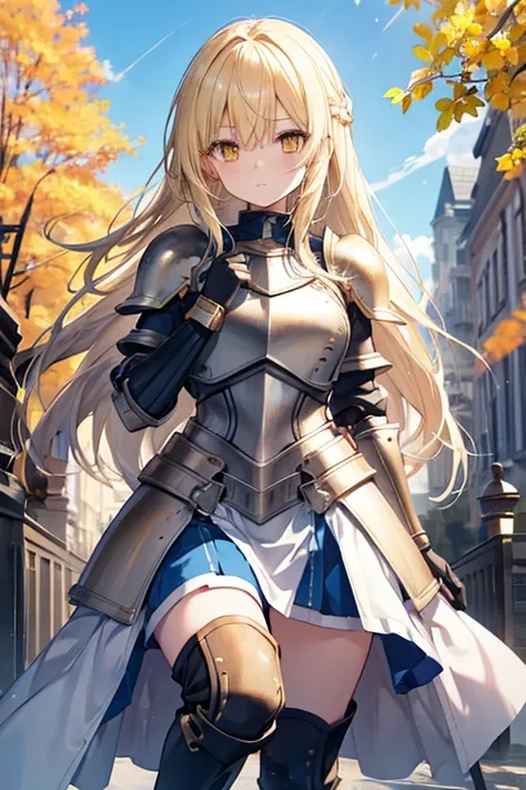 Eyes,One person, alone, Blonde, armor, Long Hair, Straight hair, Knee socks, boots, dress, Yellow Eyes, thigh boots, blue long boots, Blue footwear, Covered navel, breastplate, shoulder armor, gloves, white dress outdoor, sunny, High resolution, Golden Eye...