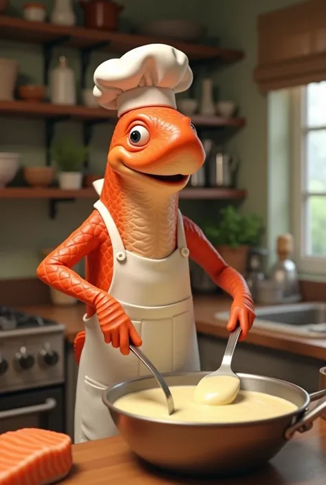 Create an animated image of a salmon making a bechamel sauce 