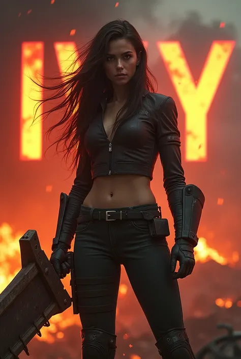 background has a name reading IVY, red eyes, long hair, holding a big gun, 23 year old woman, highest image quality, fiery background apocalyptic