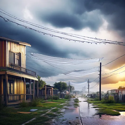 imageio, clothes on the clothesline, colorful clothes, a rain is approaching, swaying gently on a cloudy day, with an atmosphere of optimism and at the same time pessimism, imageio ultra realista, 8k resolution, better rendering