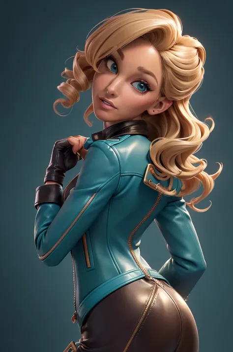 obra prima, melhor qualidade, ((only one woman,)) ((sarah jessica parker, dark tan skin, short blonde curly hair, heavy makeup eye shadow, mouth open,)) (((wearing thigh length teal leather jacket,))) (((jacket is zipped up, jacket covers waist and ass,)))...