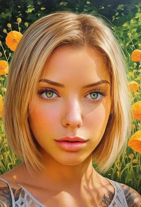 a girl in a garden, oil painting, beautiful detailed eyes, beautiful detailed lips, extremely detailed eyes and face, long eyela...