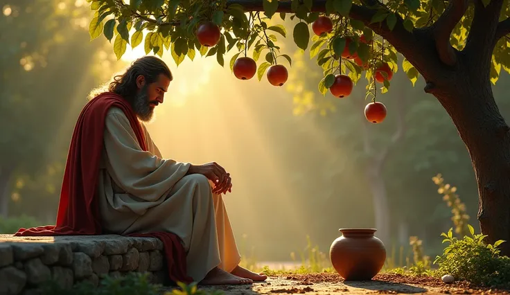 Create a hyper-realistic and mysterious image of Solomon sitting on a stone bench in a peaceful garden, where he is looking at a small tree loaded with ripe fruit. Beside him, In floor, there is a clay pot full of seeds, symbolizing investment and economy....