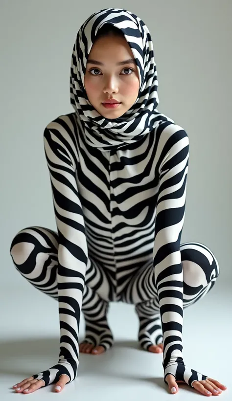 a beautiful asian muslimah woman with zebra striped seamless print hijab wears zebra striped seamless print unitard catsuit.She always wear zebra striped seamless print hijab.She is crawling.