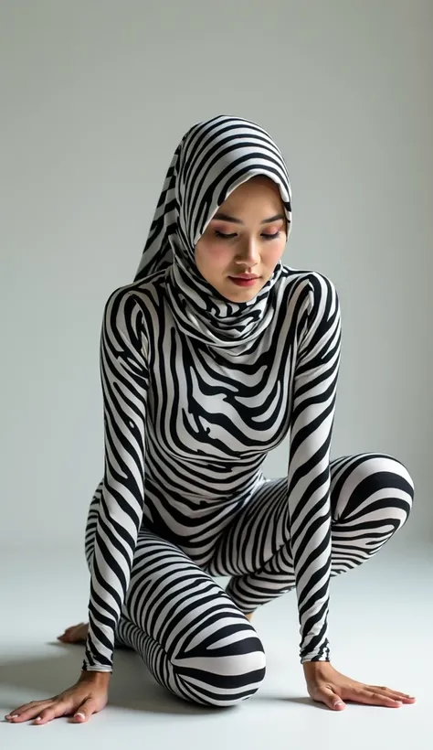 a beautiful asian muslimah woman with zebra striped seamless print hijab wears zebra striped seamless print unitard catsuit.She always wear zebra striped seamless print hijab.She is crawling.