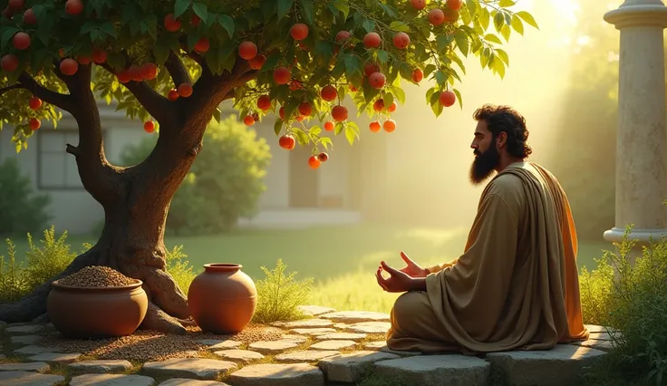 Create a hyper-realistic and mysterious image of Solomon sitting on a stone bench in a garden, where he is looking at a small tree loaded with ripe fruit. Beside him, In floor, there is a clay pot full of seeds, symbolizing investment and economy. The soft...