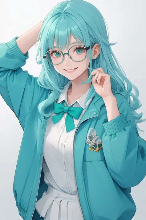 Teenage girl with aquamarine colored hair. Wears green jacket and blue shirt. Wears glasses. Smiling. Is a streamer.