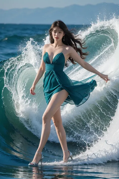 Highest quality,masterpiece,Ultra-high resolution,(Actual:1.4),Original photo,Ultra-high resolution，8k，There are women，Fair skin，Exquisite makeup，Big waves，A teal dress with an open neckline:1.2，High heels，Long legs，Bright and beautiful，Sexy Random Poses，L...