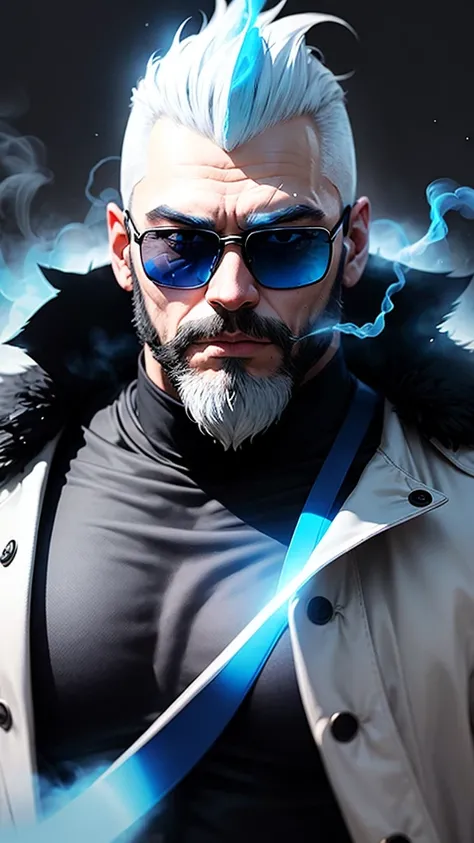 Man blue mohawk head with blue angel aura black sunglasses white beard white turtleneck coat and black background with gray smoke 