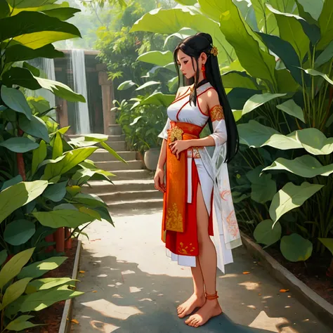 Thai female characters,long hair,Wear Thai clothes,Wear a Thai tube top,Thai person,Barefoot standing neatly,Put on the leaves,Wear a Thai pattern skirt,Dress politely,Not