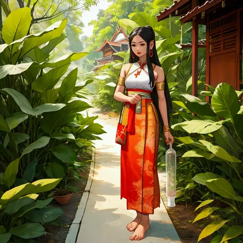 Thai female characters,long hair,Wear Thai clothes,Wear a Thai tube top,Thai person,Barefoot standing neatly,Put on the leaves,Wear a Thai pattern skirt,Dress politely,Not