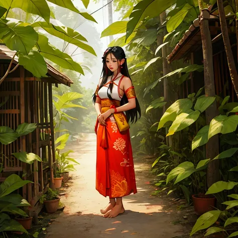 Thai female characters,long hair,Wear Thai clothes,Wear a Thai tube top,Thai person,Barefoot standing neatly,Put on the leaves,Wear a Thai pattern skirt,Dress politely,Not