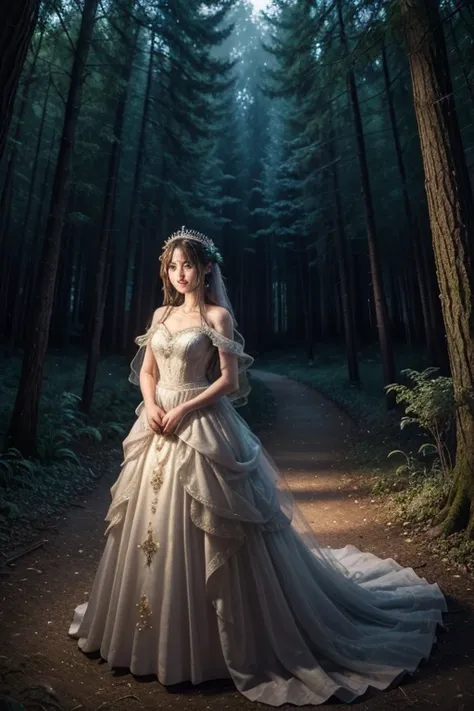 One person, ,,Smile more, High-resolution images, woman, Her hair was decorated with glowing fireflies, Captivatingly shining eyes. Wearing a gown woven with moonlight, She is a tree々Standing in a vibrant and mysterious forest. scene, Surrounded by the fan...