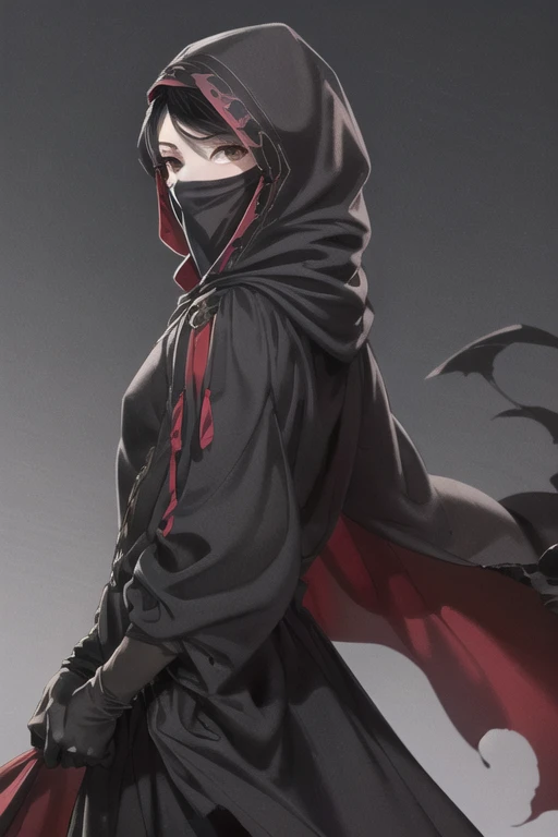 NNAssassinFSF, 1girl, solo, black hair, long cape sleeves, sleeves covered hands, long skirt, robe dress, long cape, cape, black cloak, hood up, black robe, covered mouth, white gloves, mask, hooded cloak, ((masterpiece, best quality)), happy eyes, cape ar...