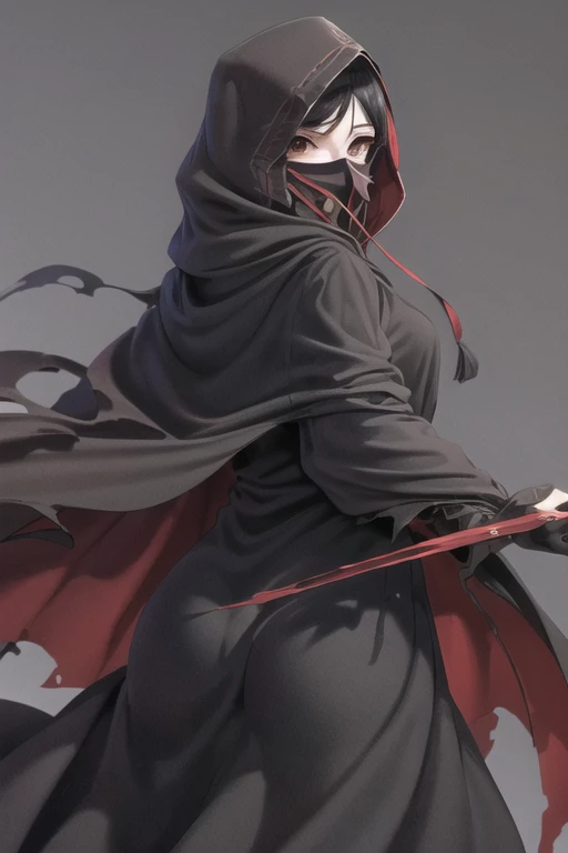 NNAssassinFSF, 1girl, solo, black hair, long cape sleeves, sleeves covered hands, long skirt, robe dress, long cape, cape, black cloak, hood up, black robe, covered mouth, white gloves, mask, hooded cloak, ((masterpiece, best quality)), happy eyes, cape ar...