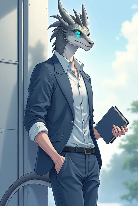 Male Dragon, gray color and white lines, there is a blue oval shape on his cheek, ideal body, high school student,  so OSIS, wear high school student council uniform, wear school pants, he is reading a book while standing with one hand, his eyes glanced, o...