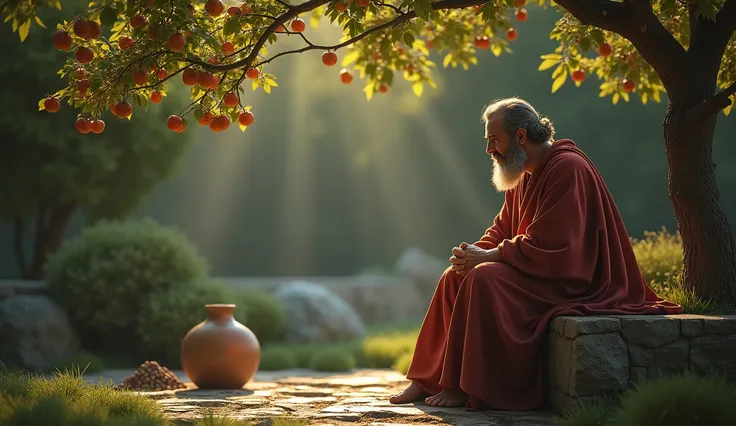 Create a hyper-realistic and mysterious image of Solomon sitting on a stone bench in a garden, where he is looking at a small tree loaded with ripe fruit. Beside him, In floor, there is a clay pot full of seeds, symbolizing investment and economy. The soft...