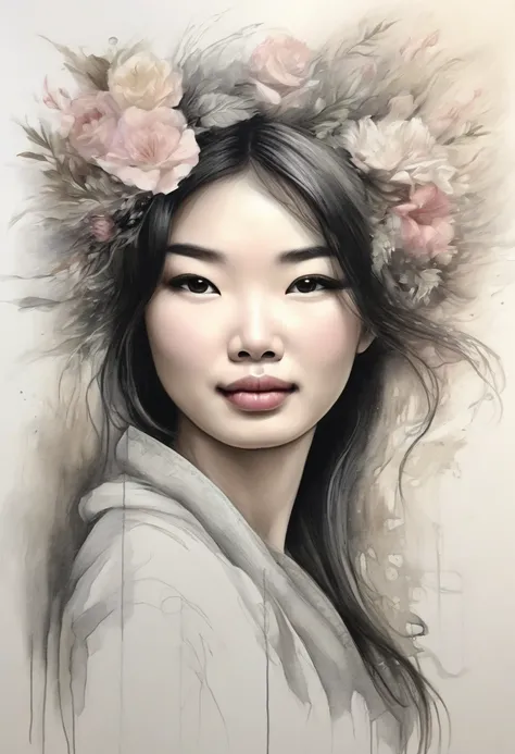 half of a feminine face in a thin stroke without many details, with flowers in their hair in pastel colors, delicate picture, white background.